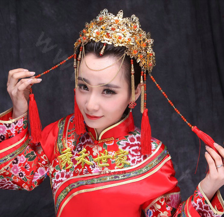 New Luxury Costume Bride Chinese style Gold Tassel Wedding jewelry Bridal Cheongsam Hair Accessories