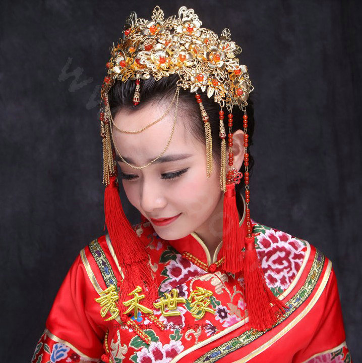 New Luxury Costume Bride Chinese style Gold Tassel Wedding jewelry Bridal Cheongsam Hair Accessories