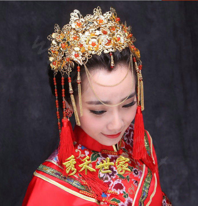 New Luxury Costume Bride Chinese style Gold Tassel Wedding jewelry Bridal Cheongsam Hair Accessories