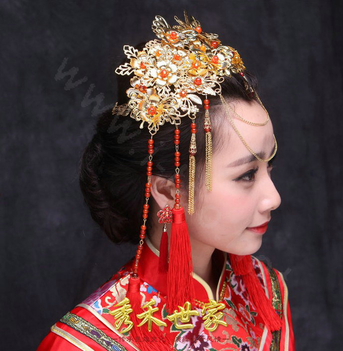 New Luxury Costume Bride Chinese style Gold Tassel Wedding jewelry Bridal Cheongsam Hair Accessories