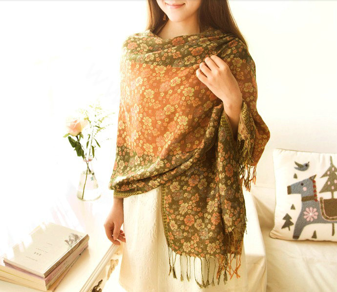Classic Autumn and Winter Cape Tassels Floral Print Shawl National Style Warm Long Scarf - Yellow
