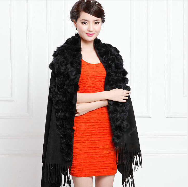 Genuine Wool Shawls Rabbit Fur Ball Thicken Scarf Women Winter Warm Solid Color Pashmina Cape - Black