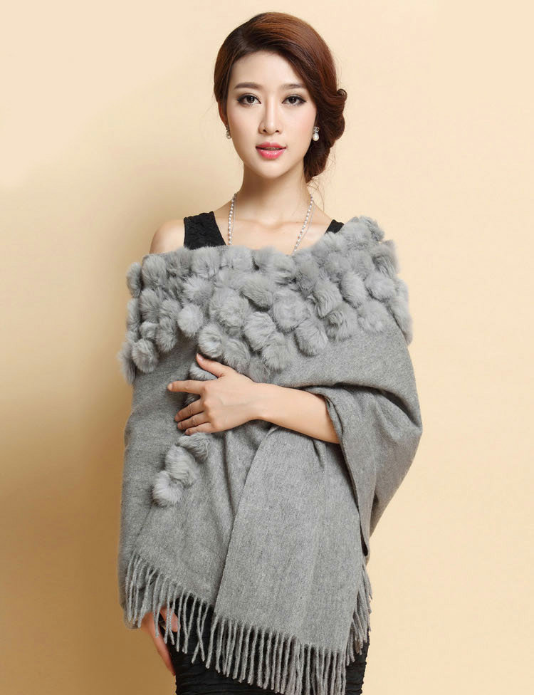 Genuine Wool Shawls Rabbit Fur Ball Thicken Scarf Women Winter Warm Solid Color Pashmina Cape - Gray