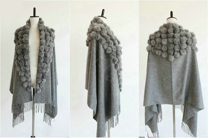 Genuine Wool Shawls Rabbit Fur Ball Thicken Scarf Women Winter Warm Solid Color Pashmina Cape - Gray