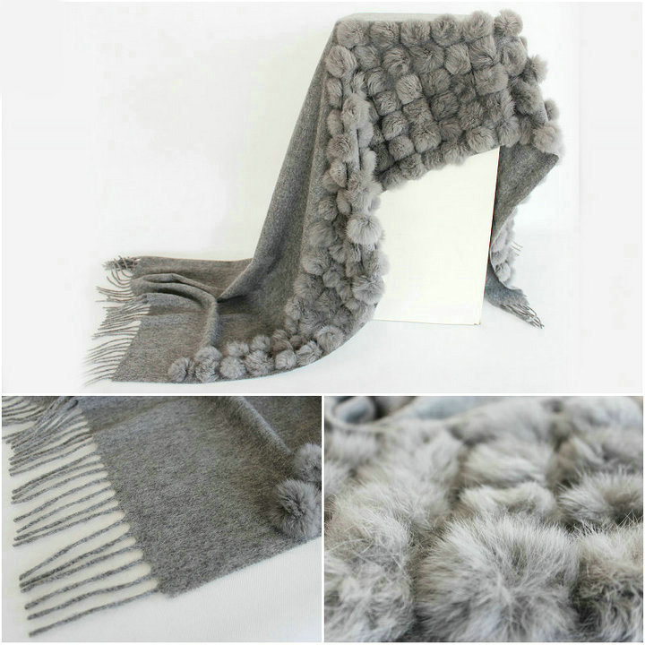 Genuine Wool Shawls Rabbit Fur Ball Thicken Scarf Women Winter Warm Solid Color Pashmina Cape - Gray
