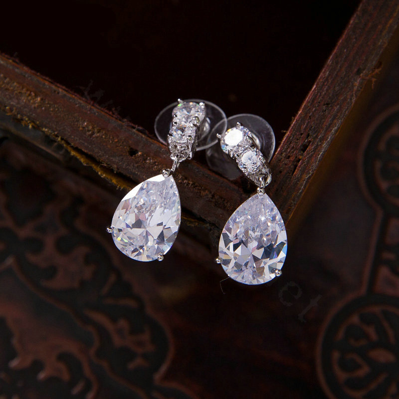 Luxury Banquet Wedding Jewelry Sets Crystal Water-drop Earrings & Bridal Flower Zircon Statement Necklace