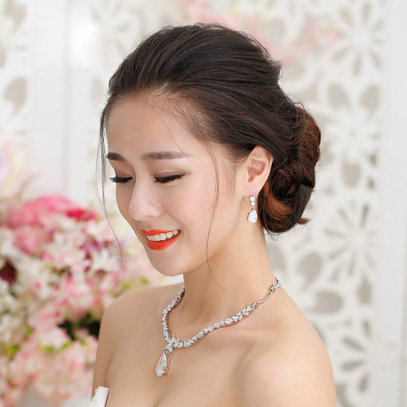 Luxury Banquet Wedding Jewelry Sets Crystal Water-drop Earrings & Bridal Flower Zircon Statement Necklace