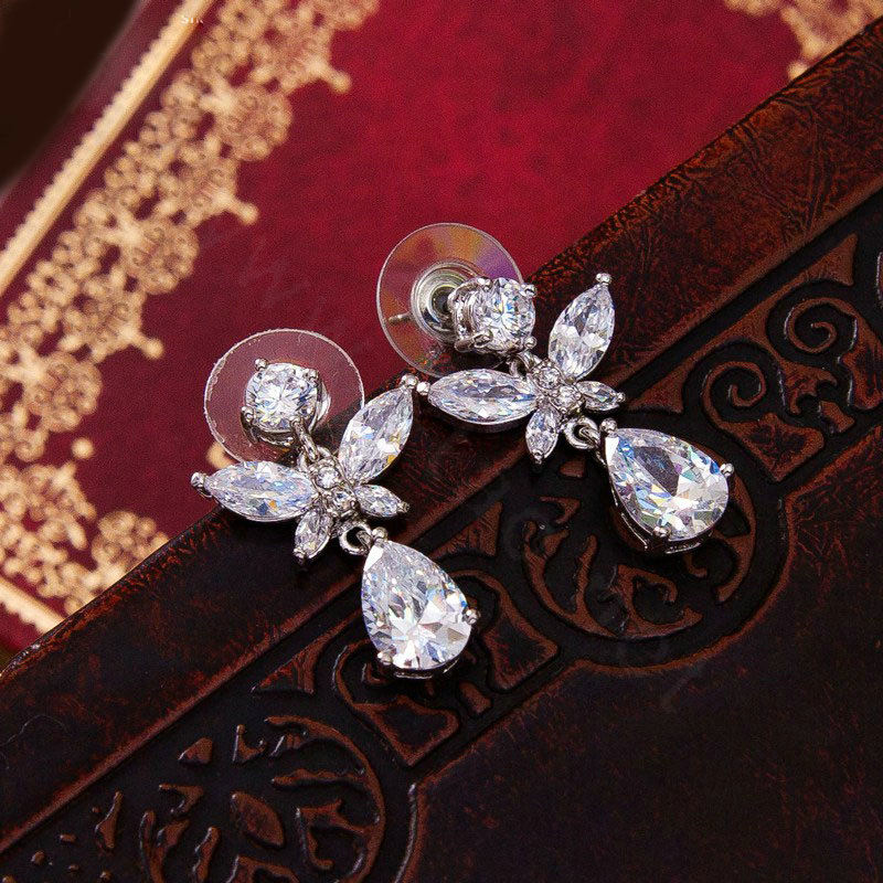 Luxury Classic Banquet Wedding Jewelry Sets Butterfly Flower Earrings & Bridal AAA+ Zircon Statement Necklace