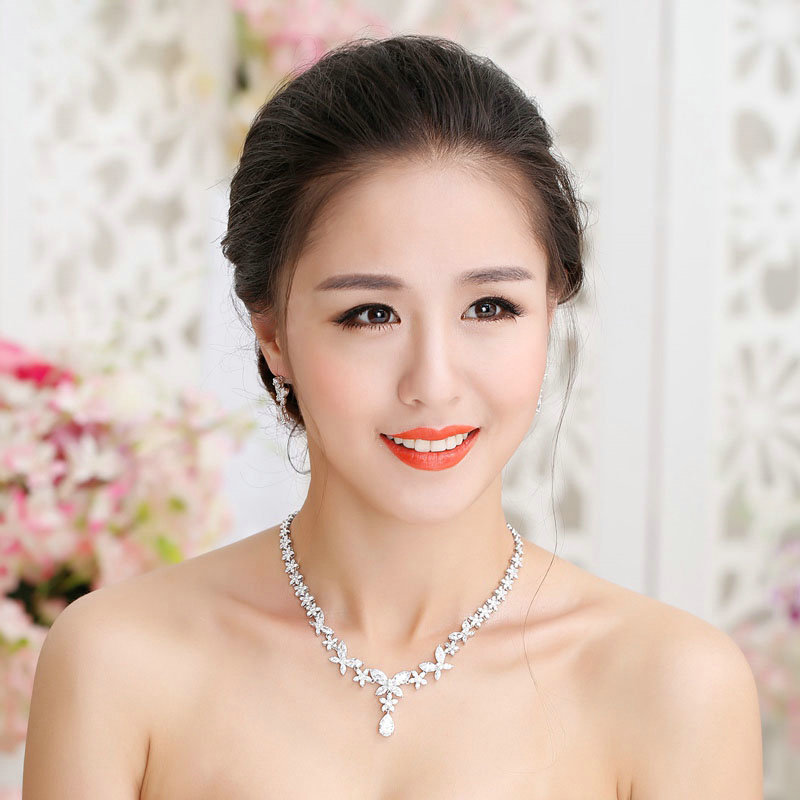 Luxury Classic Banquet Wedding Jewelry Sets Butterfly Flower Earrings & Bridal AAA+ Zircon Statement Necklace