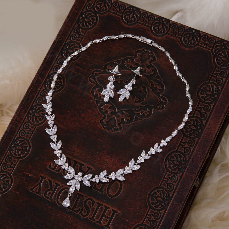 Luxury Classic Banquet Wedding Jewelry Sets Leaf Flower Earrings & Bridal AAA+ Zircon Statement Necklace