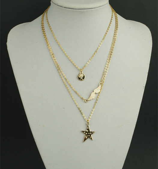 Fashion Women Multi layer Gold-plated Stars Angel Wings Metal Necklace Clavicle Chain