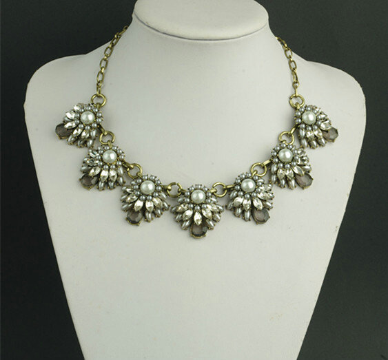 New Women Fashionable Exaggeration Gem Multi layer Pearl Flower Crystal Bib Necklace Clavicle Chain
