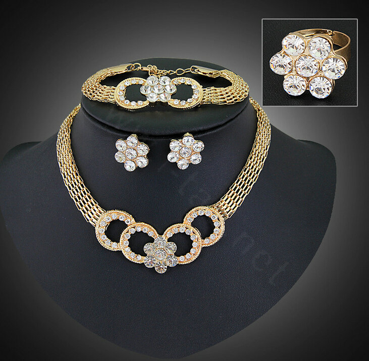 Fashion Flower Crystal Gold Plated Bridal Wedding Jewelry Sets Necklace Earrings Bracelet Ring 4pcs/set