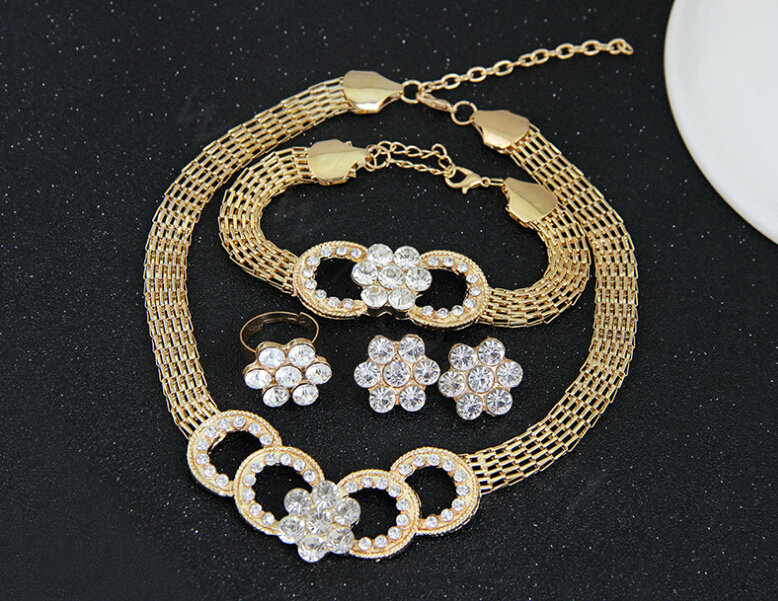 Fashion Flower Crystal Gold Plated Bridal Wedding Jewelry Sets Necklace Earrings Bracelet Ring 4pcs/set