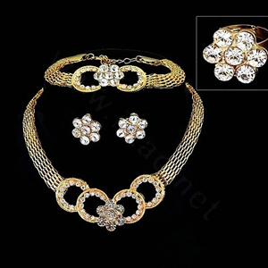 Fashion Flower Crystal Gold Plated Bridal Wedding Jewelry Sets Necklace Earrings Bracelet Ring 4pcs/set
