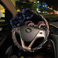 Camellia Flower Diamond Car Steering Wheel Covers Genuine Leather 15 inch 38CM - Blue