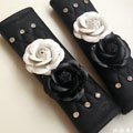 Camellia Flower Rhinestone Leather Car Seat Safety Belt Covers 2pcs - White Black