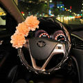 Champagne Flower Diamond Car Steering Wheel Covers Genuine Leather 15 inch 38CM - Black