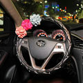 Color Rose Rhinestone Grip Steering Wheel Covers Female Genuine Leather 15 inch 38CM - Black