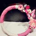 Cute Women Butterfly Lily Flower Leather Car Steering Wheel Covers 15 inch 38CM - Rose