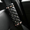 Delicate Crystal Beads Diamond Auto Seat Safety Belt Covers Genuine Sheepskin 2pcs - Black