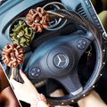 Elegant Pearl Rose Flower Car Steering Wheel Covers Genuine Sheepskin 15 inch 38CM - Black