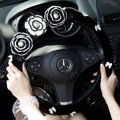 Fashion Bowknot Pearl Flower Genuine Wool Auto Steering Wheel Covers 14 inch 36CM - Black