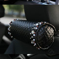 High-grade Rhinestone Car Headrest Genuine Sheepskin Pearl Neck Safety Pillow 1pcs - Black