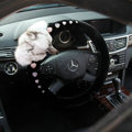 Luxurious Genuine Wool Fox Fur Crystal Auto Steering Wheel Covers 14 inch 36CM - Black