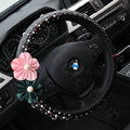 Luxury Crystal Beads Pearl Flower Car Steering Wheel Covers Genuine Leather 16 inch 40CM - Black
