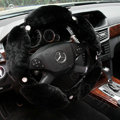 Luxury Diamond Genuine Wool With Rabbit Fur Auto Steering Wheel Covers 15 inch 38CM - Black