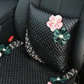 Luxury Genuine Leather Crystal Beads Flower Car Lumbar Pillow Back Support Cushion 1pcs - Black