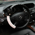 Luxury Pearl Camellia Flower Grip Steering Wheel Covers Genuine Sheepskin 14 inch 36CM - Black White