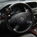 Luxury Pearl Camellia Flower Grip Steering Wheel Covers Genuine Sheepskin 14 inch 36CM - Black