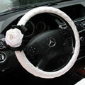 Newest Luxury Pearl Flower Car Steering Wheel Covers Genuine Sheepskin 15 inch 38CM - White