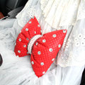 Princess Bowknot Pearl Crystal Auto Lumbar Pillow Genuine Sheepskin Support Cushion 1pcs - Red