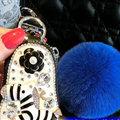 Luxurious Universal Crystal Genuine Leather Auto Key Bags Blue fur Ball Key Chain - Black