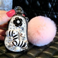Luxurious Universal Crystal Genuine Leather Auto Key Bags Pink Fur Ball Key Chain - Black