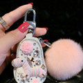 Luxurious Universal Crystal Genuine Leather Auto Key Bags Pink Fur Ball Key Chain - White