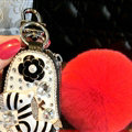 Luxurious Universal Crystal Genuine Leather Auto Key Bags Red Fur Ball Key Chain - Black