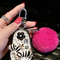 Luxurious Universal Crystal Genuine Leather Auto Key Bags Rose Fur Ball Key Chain - Black