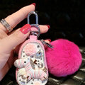 Luxurious Universal Crystal Genuine Leather Auto Key Bags Rose Fur Ball Key Chain - Pink