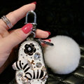 Luxurious Universal Crystal Genuine Leather Auto Key Bags White Fur Ball Key Chain - Black