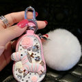 Luxurious Universal Crystal Genuine Leather Auto Key Bags White Fur Ball Key Chain - Pink