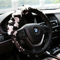 Miju Floral Car Steering Wheel Cover Bud Silk Genuine Leather 15 Inch 38CM - Black