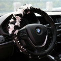 Miju Floral Car Steering Wheel Cover Bud Silk Genuine Leather 16 Inch 40CM - Black