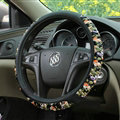 Pretty Flower Print Car Steering Wheel Wrap PU Leather 15 Inch 38CM - Black