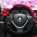 Red Camellia Car Steering Wheel Covers Velvet 15 Inch 38CM - Black