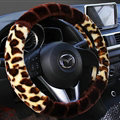 Fluffy Leopard Print Car Steering Wheel Wrap Velvet 15 Inch 38CM - Brown