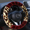 Fluffy Leopard Print Car Steering Wheel Wrap Velvet 15 Inch 38CM - Red